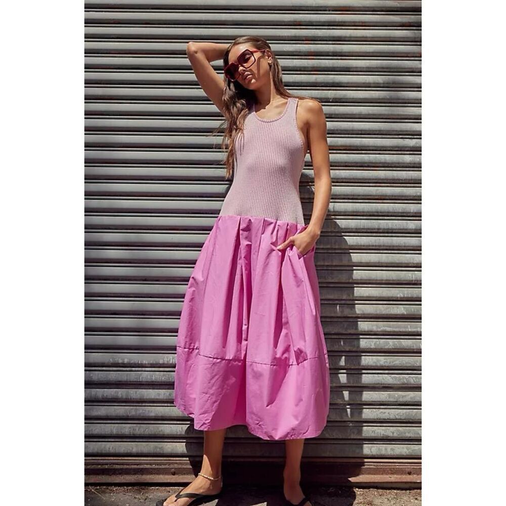Free people Drops Of Venus Midi Dress pink ribbed dropped waist small new